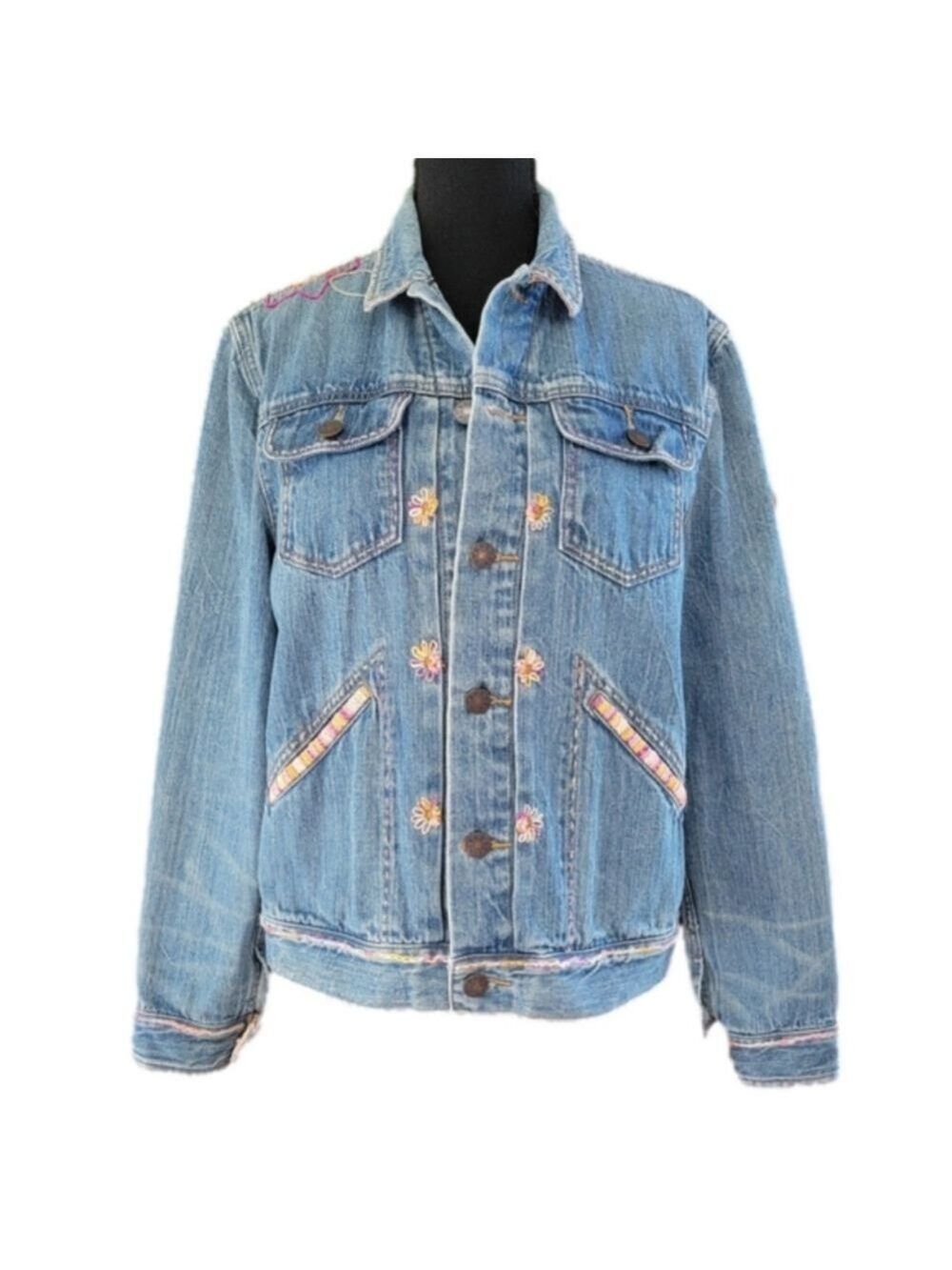 One of a Kind! BDG Denim Upcycled Hand Embroidered Denim Jacket Lined ~Size Med